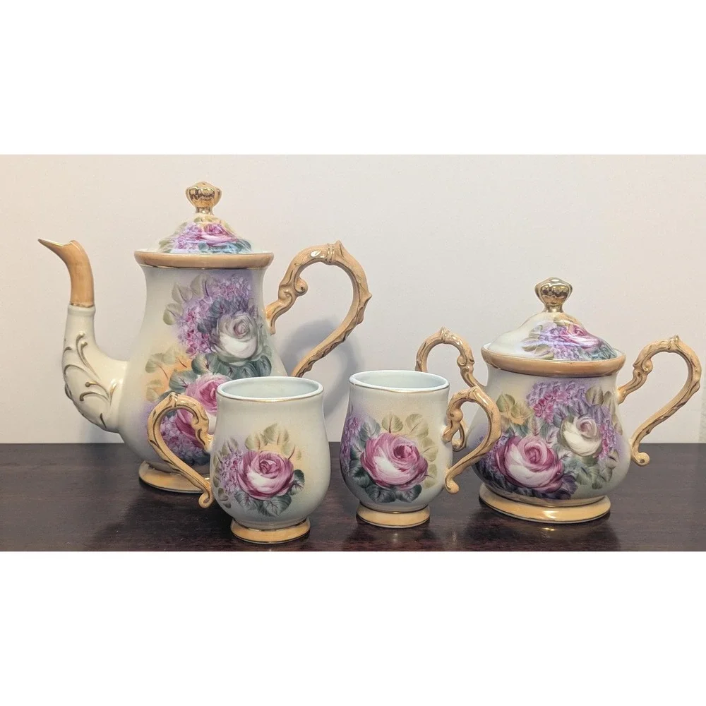 Vintage Rose Porcelain Tea Set Teapot Sugar Bowl Cups Cottagecore Floral Gold